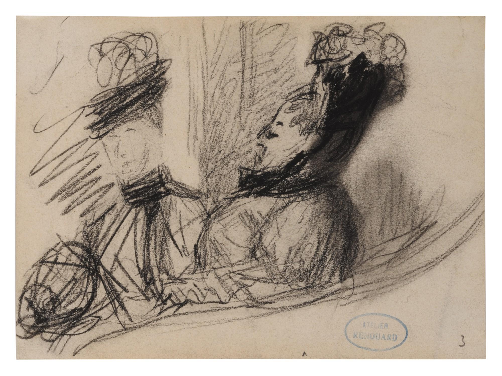 Charles Paul Renouard - Three drawings: A) A study of two women, wearing elaborate hats B) Study of a woman in a hat C) Mother and Child