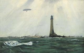 Charles Pears, P.S.M.A., R.O.I. - Merchant shipping under camouflage escort in the Channel off the Wolf Rock lighthouse