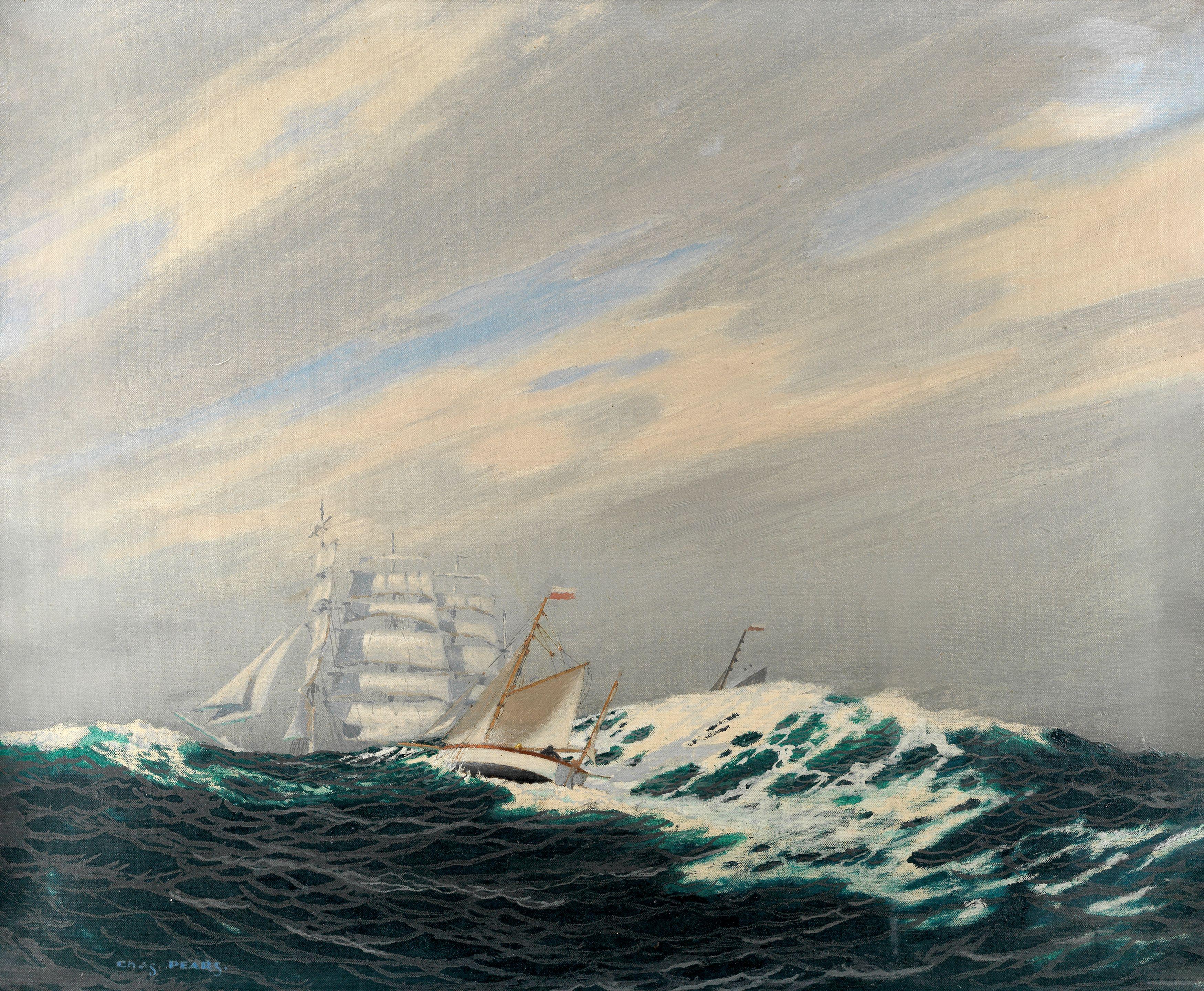 Charles Pears, RSMA - A cutter in a heavy swell, a four-masted barque beyond