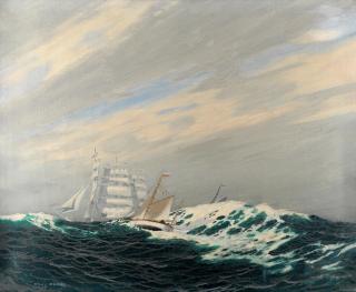Charles Pears, RSMA - A cutter in a heavy swell, a four-masted barque beyond