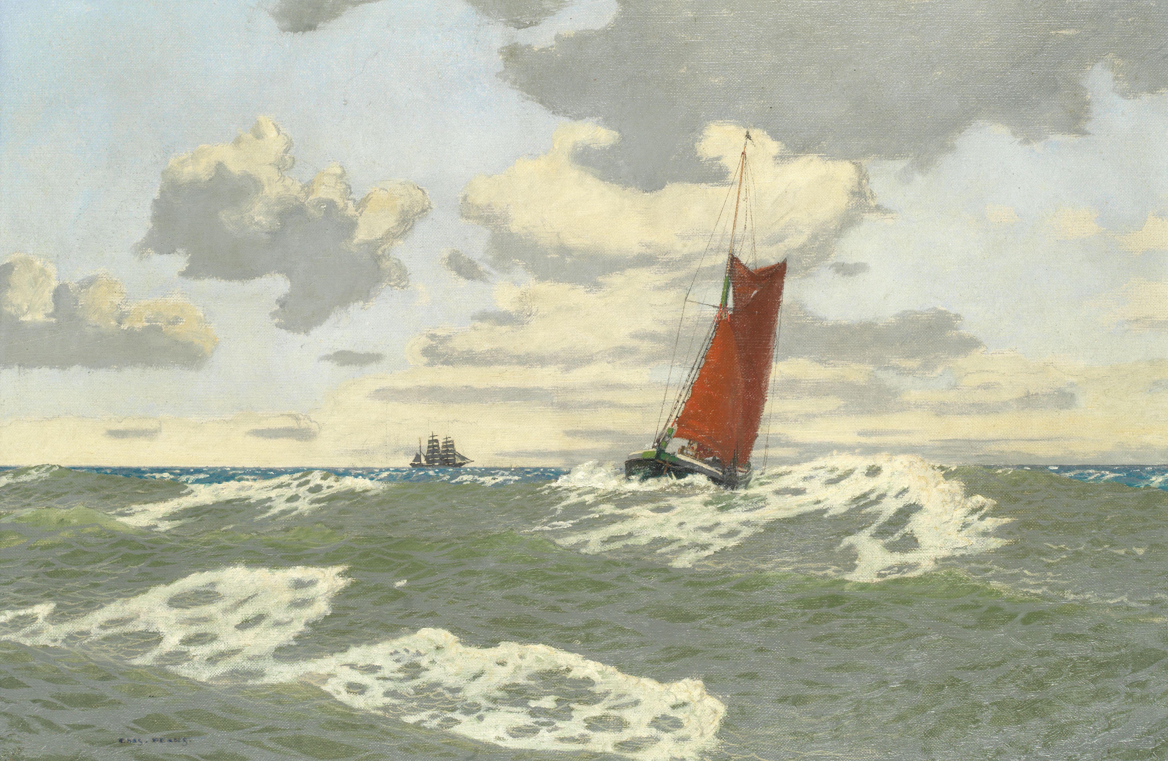 Charles Pears, RSMA - Sailing in open waters with a barque on the horizon