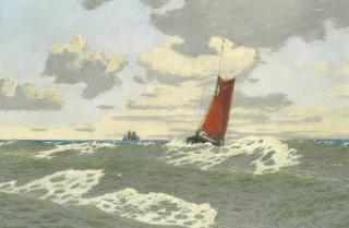 Charles Pears, RSMA - Sailing in open waters with a barque on the horizon
