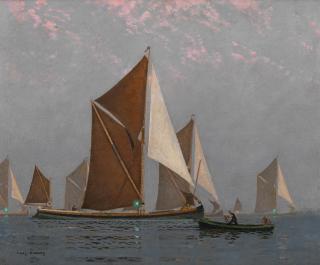 Charles Pears, RSMA - Thames sailing barges at dusk