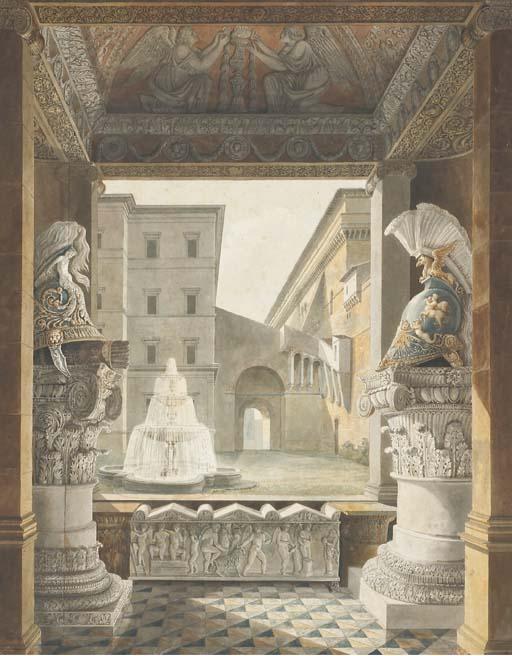 Charles Percier - A Roman courtyard seen from a loggia decorated with antique helmets on composite columns and a sarcophagus