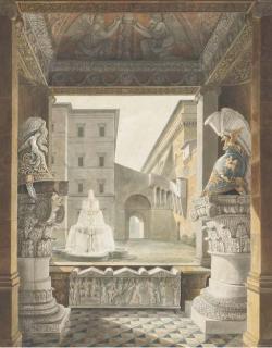 Charles Percier - A Roman courtyard seen from a loggia decorated with antique helmets on composite columns and a sarcophagus