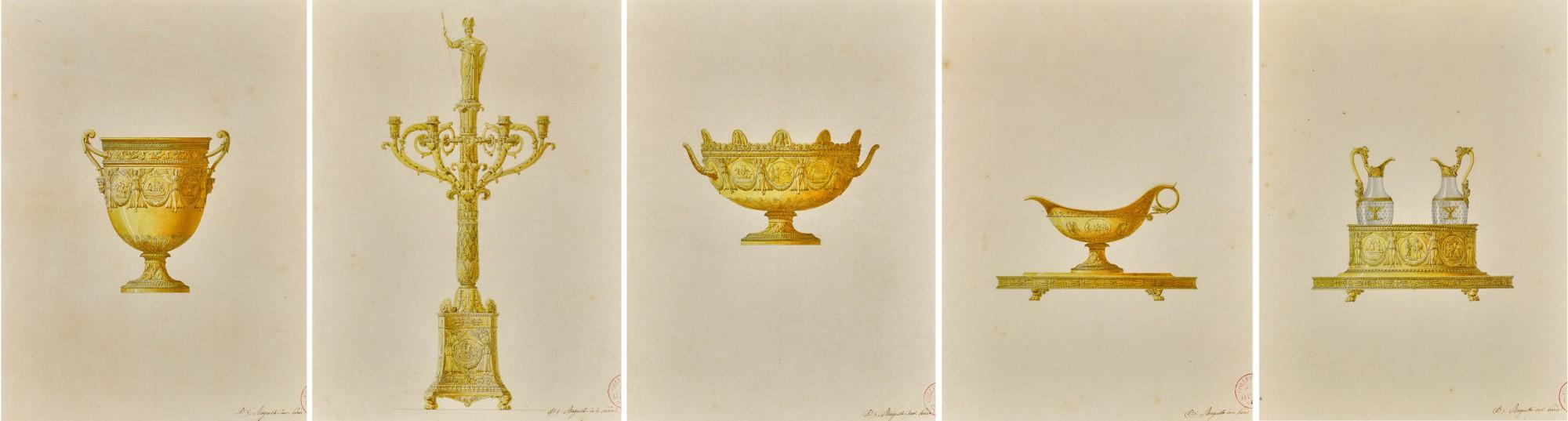 Charles Percier - Five Designs For Tableware: A) An Ice Bucket B) A Candelabrum C) A Verrière D) A Saucière E) A Cruet