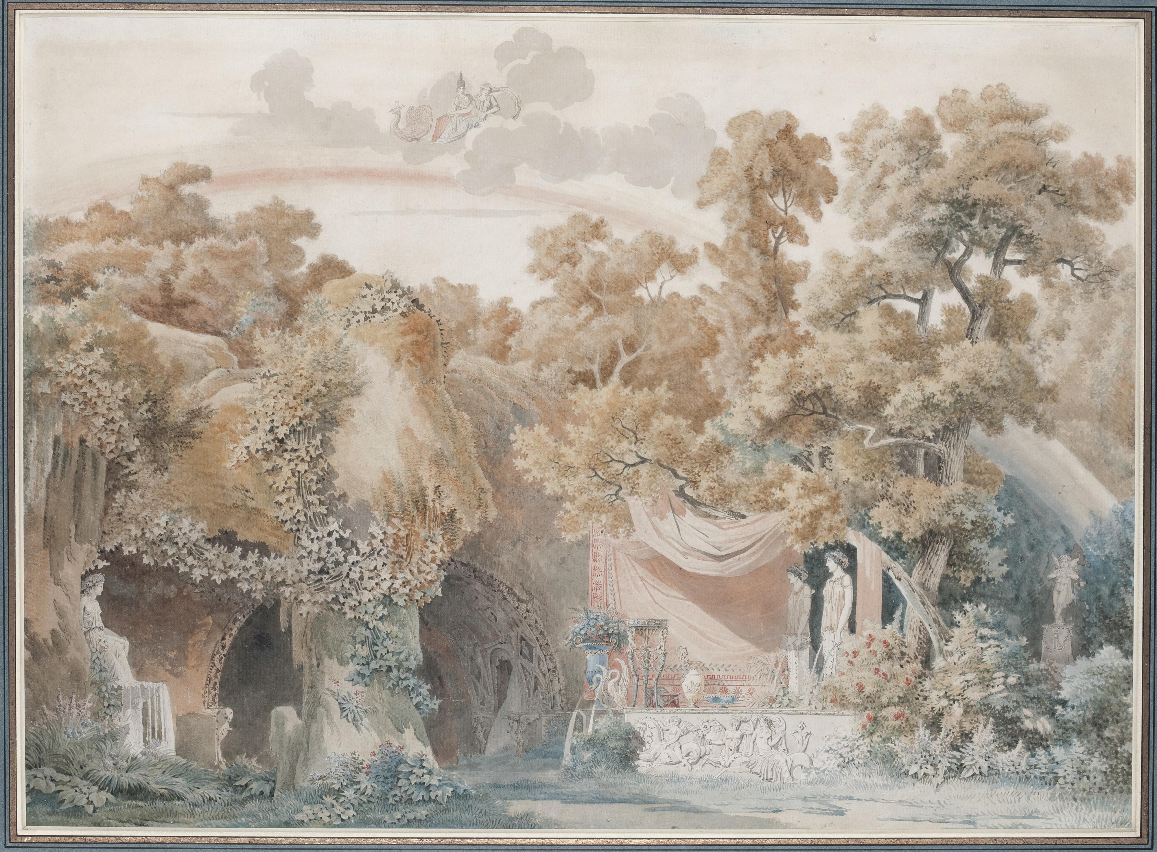 Charles Percier - Stage Design: A Grotto With The Temple Of Vesta, Juno In The Sky Above