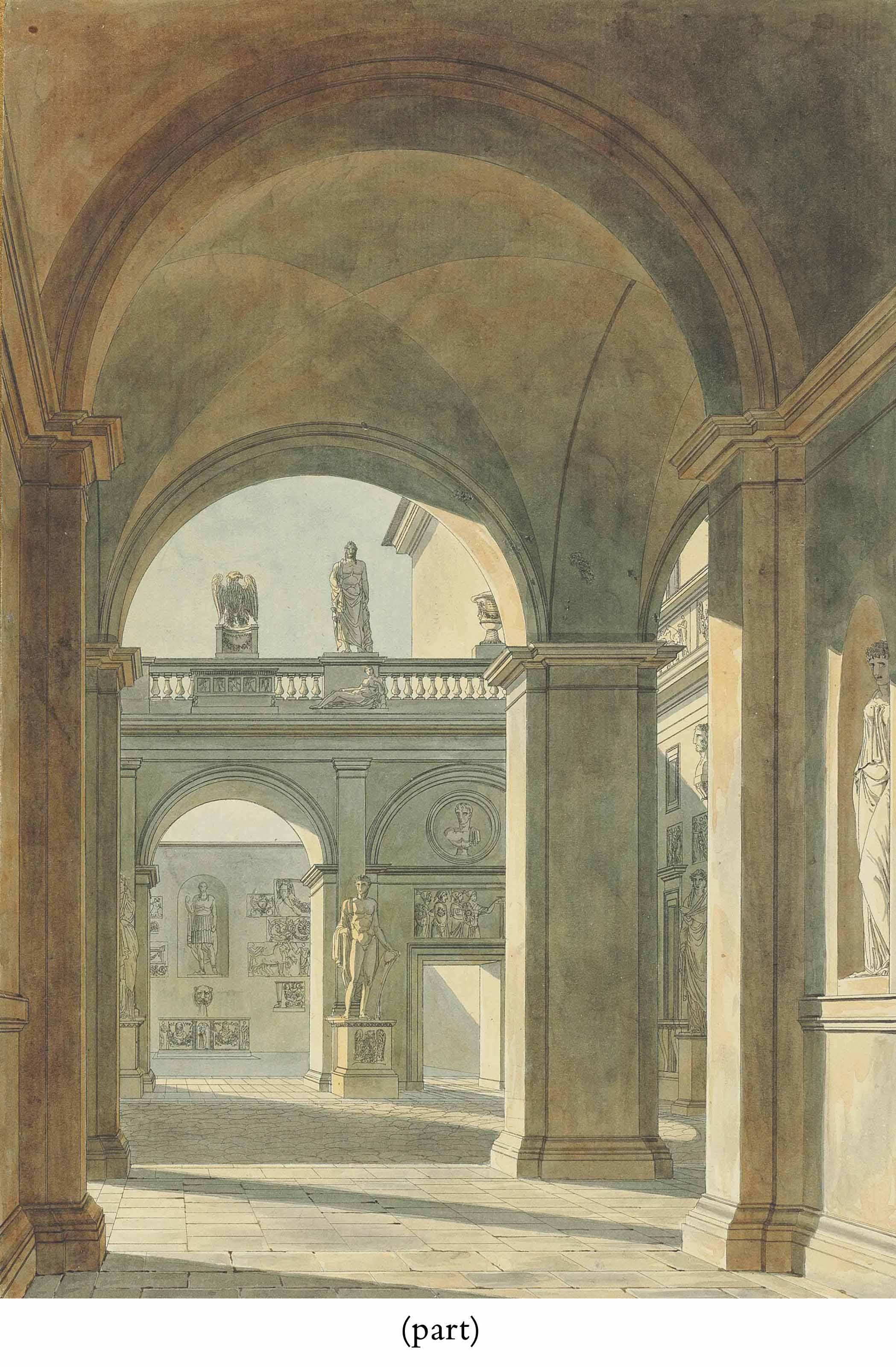 Charles Percier - View Of The Courtyard Of Palazzo Mattei, Rome, With Statues And Antique Reliefs; And View Of The Interior Of The Church Of San Lorenzo Fuori Le Mura, Rome