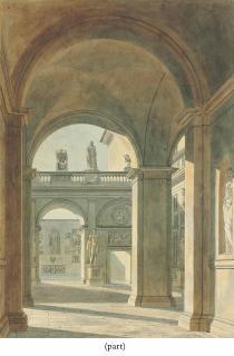 Charles Percier - View Of The Courtyard Of Palazzo Mattei, Rome, With Statues And Antique Reliefs; And View Of The Interior Of The Church Of San Lorenzo Fuori Le Mura, Rome
