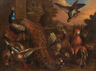 Charles Philips - A peacock, ducks, cockerels and other birds in a landscape being attacked by a hawk