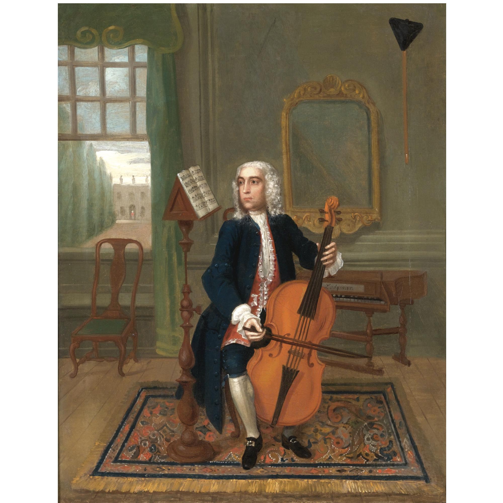 Charles Philips - Portrait Of A Gentleman, Full Length, Seated Playing A Cello, A Spinet Behind 