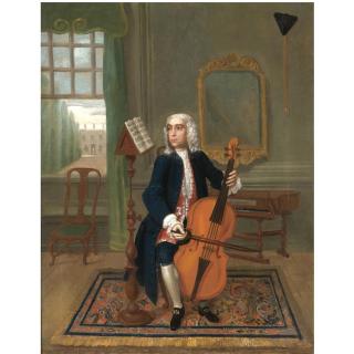 Charles Philips - Portrait Of A Gentleman, Full Length, Seated Playing A Cello, A Spinet Behind 