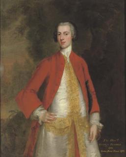 Charles Philips - Portrait of George, 1st Baron Vernon of Sudbury, Derbyshire (b. 1707-8), three-quarter-length, in a red coat and white waistcoat with gold trim, in a landscape