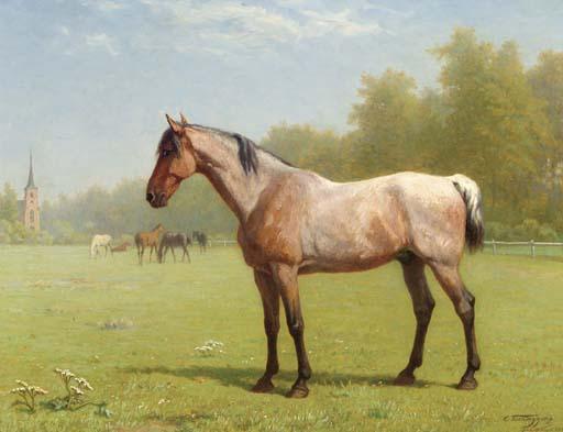Charles Philogenes Tschaggeny - Horses in a meadow, the church of Brasschaat beyond