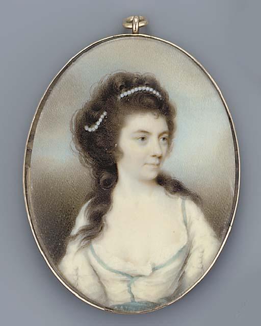 Charles Robertson - A young lady, facing right in blue-bordered white dress with blue sash, lace-bordered white underdress, her sleeves adorned with pearls, pearls in her long brown curling hair