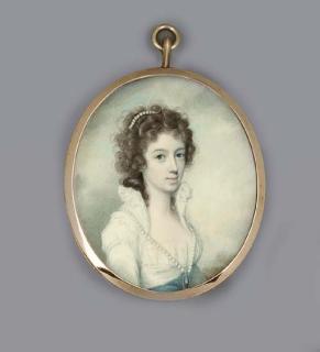 Charles Robertson - A young lady, facing right in lace-bordered white dress with high standing lace collar, blue sash, blue pendant at corsage suspended from a string of large pearls around her neck, pearls in her long curling brown hair