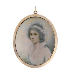 Charles Robertson - Mrs Ann Henry, in white dress with frilled collar, black choker, white scarf in her powdered hair falling in loose curls over her left shoulder; sky background