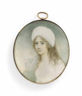 Charles Robertson - Sophia Stert, in white dress with white bandeau in her powdered hair worn loose; Windor Castle in the distance