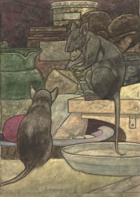 Charles Robinson, R.I. - An illustration for Aesop\'s Fables: The field mouse & the town mouse