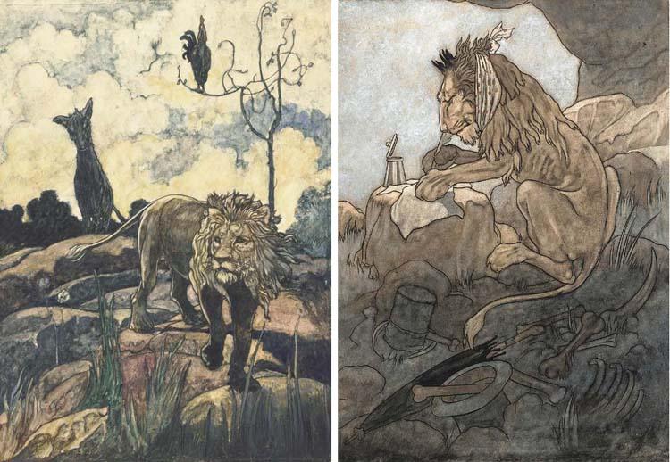 Charles Robinson, R.I. - An illustration for Aesop\'s Fable\'s: The lion and the wild ass