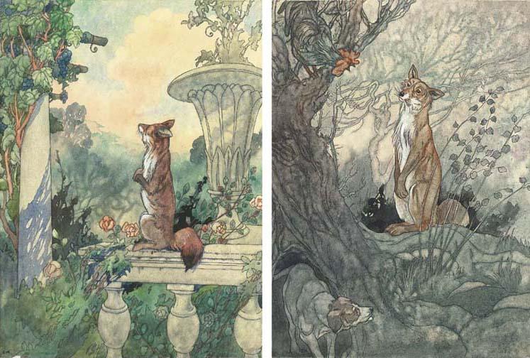 Charles Robinson, R.I. - Illustrations for Aesop\'s Fables:  The fox and the bunch of grapes; and The fox with the cropped tail (both illustrated)