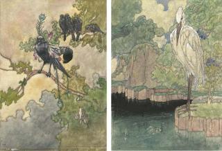 Charles Robinson, R.I. - Illustrations for Aesop\'s Fables:  The jackdaw and the birds; and The heron (both illustrated)