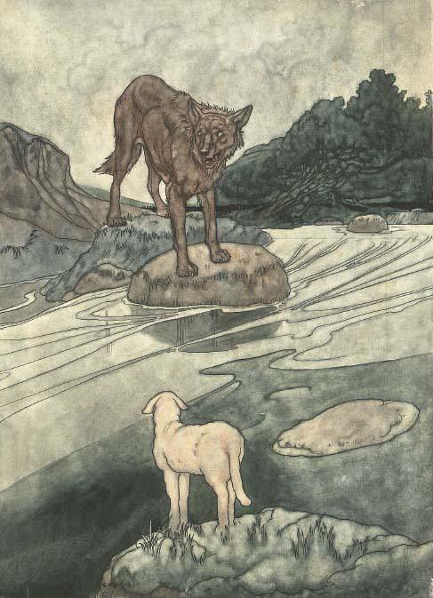 Charles Robinson, R.I. - Illustrations for Aesop\'s Fables: The wolf and the lamb; The man & the lion travelling together; and The adder and the file (two illustrated)