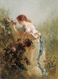 Charles Rochussen - An elegant lady picking roses