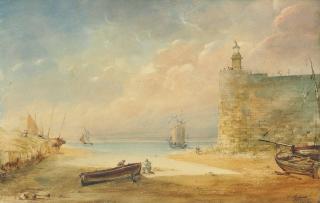 Charles Rodius - A Harbour Scene With Fishermen