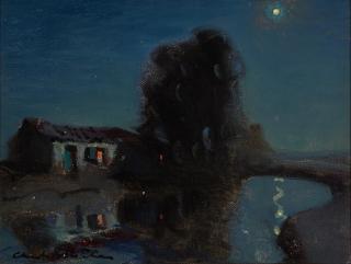 Charles Rollo Peters - Adobe by a Pond under Moonlight 12 x 16in