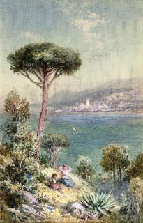 Charles Rowbotham - Distant view of Mentone, South France - evening (illustrated); and Baveno, from the Isola Superiore, Lago de Maggiore, Italy