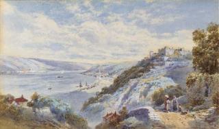 Charles Rowbotham - Figures on a track overlooking an estuary in a Continental landscape