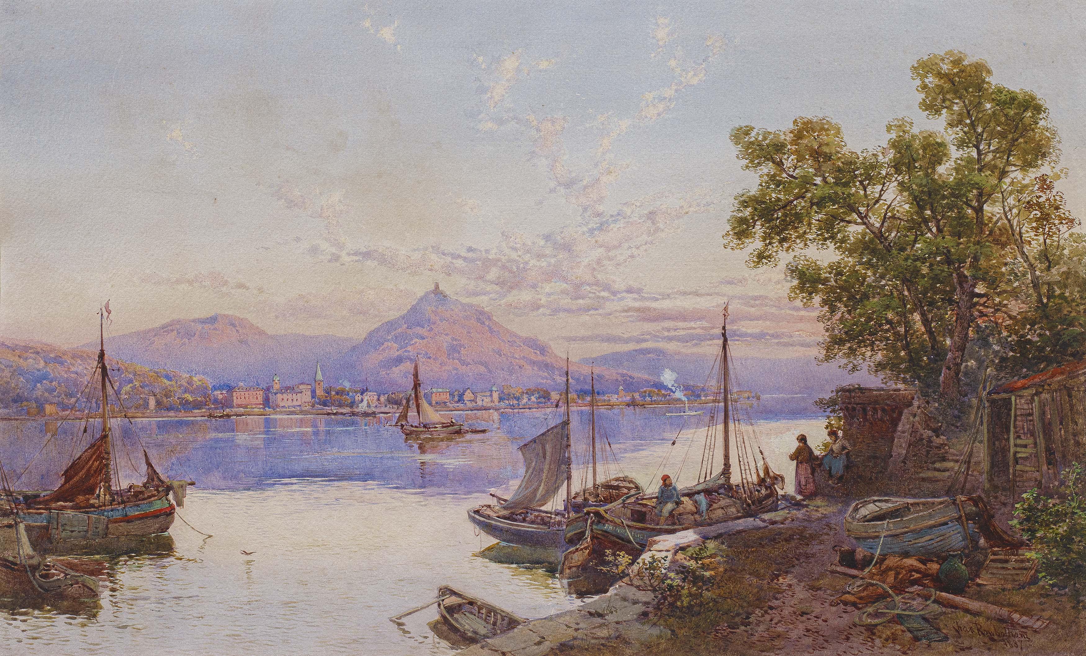 Charles Rowbotham - Morgenstimmung am Rhein vor der Kulisse des Siebengebirges mit dem Drachenfels