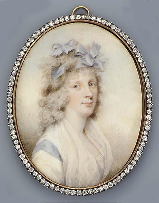Charles Sherriff - A young lady called Miss Caroline [...], facing right in lace-bordered white dress with blue detail at right shoulder, white stole draped around her neck, tied blue ribbon in her long powdered curling hair