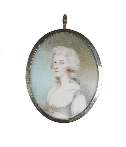 Charles Shirreff - A young lady believed to be Mrs. Smith, facing left in white dress with pale blue bodice and fichu, powdered curling hair