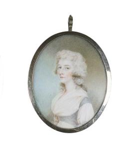 Charles Shirreff - A young lady believed to be Mrs. Smith, facing left in white dress with pale blue bodice and fichu, powdered curling hair