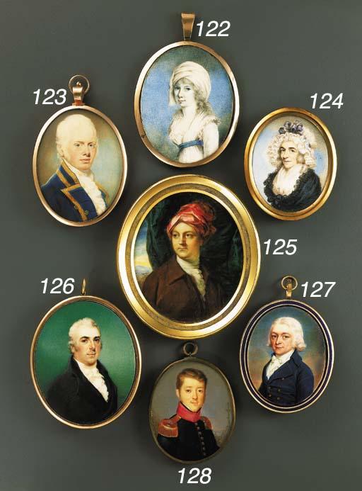 Charles Shirreff - Commander James Oswald, facing right in gold-edged blue coat and white waistcoat with gilt buttons, pleated jabot, powdered short hair and sidewhiskers; sky background