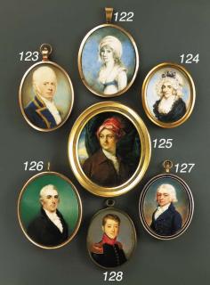 Charles Shirreff - Commander James Oswald, facing right in gold-edged blue coat and white waistcoat with gilt buttons, pleated jabot, powdered short hair and sidewhiskers; sky background