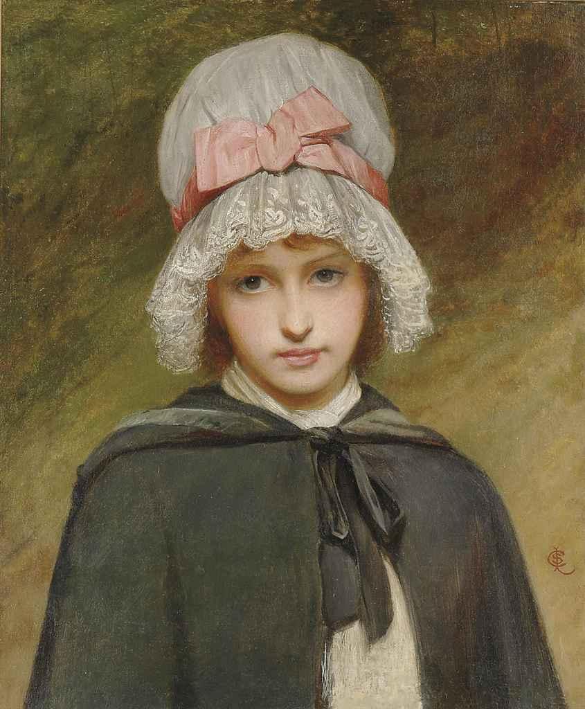 Charles Sillem Lidderdale, R.B.A. - A young girl in a wooded landscape in a white mob cap with pink ribbon