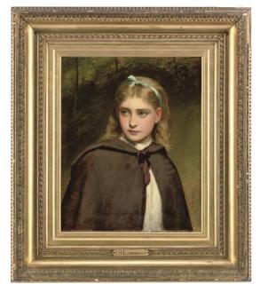 Charles Sillem Lidderdale, R.B.A. - Portrait of a young girl, bust-length, in a brown cloak, in a wooded landscape