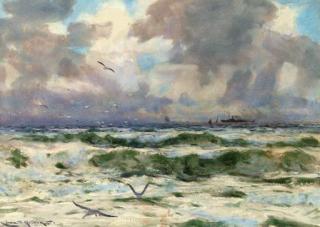 Charles Sim Mottram - Gulls playing in the surf