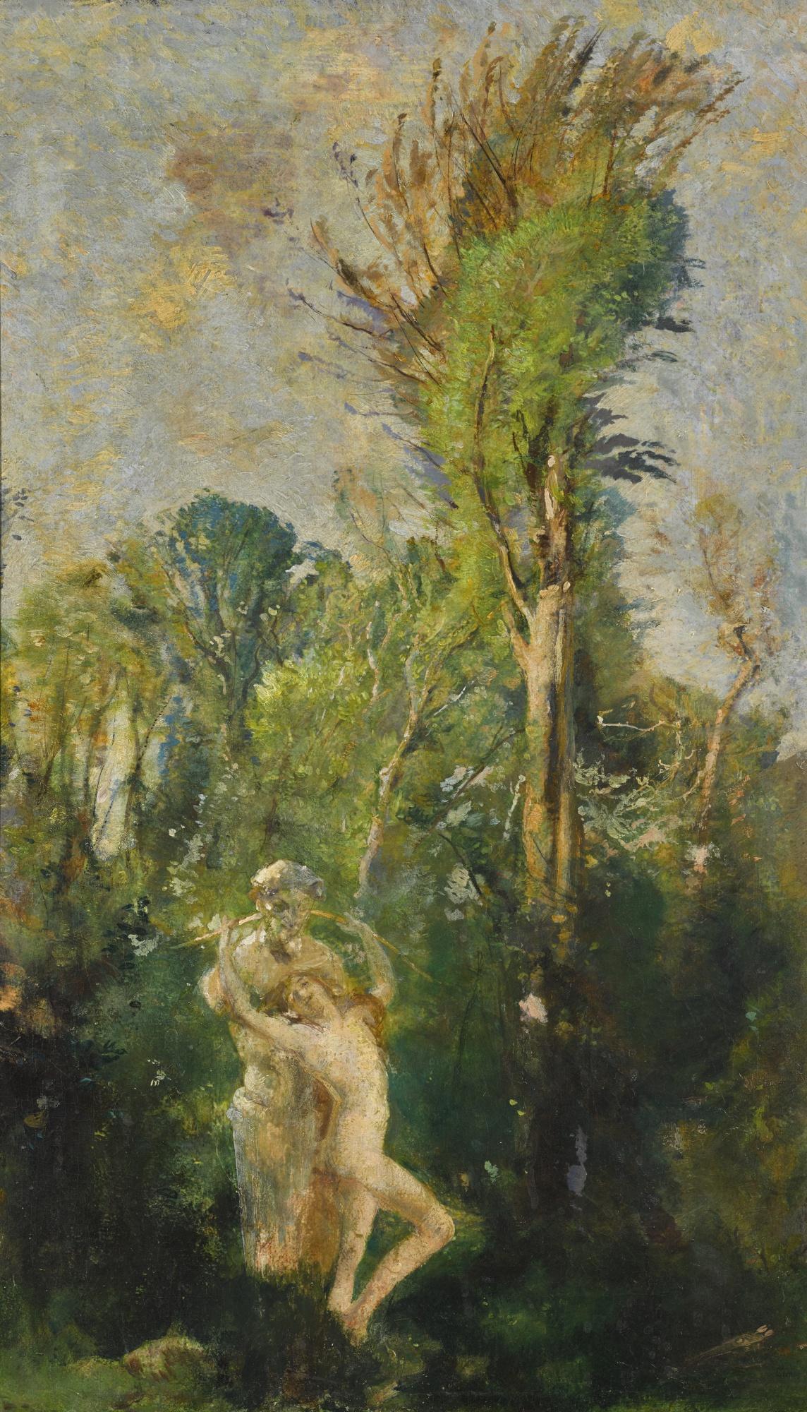 Charles Sims, R.A., R.W.S. - A Wood Nymph With A Statue Of Pan