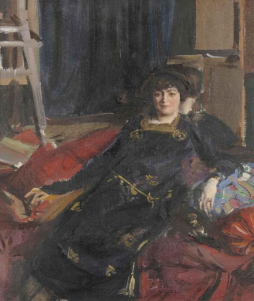 Charles Sims, R.A., R.W.S. - Portrait of Mme du Cros, in a black dress