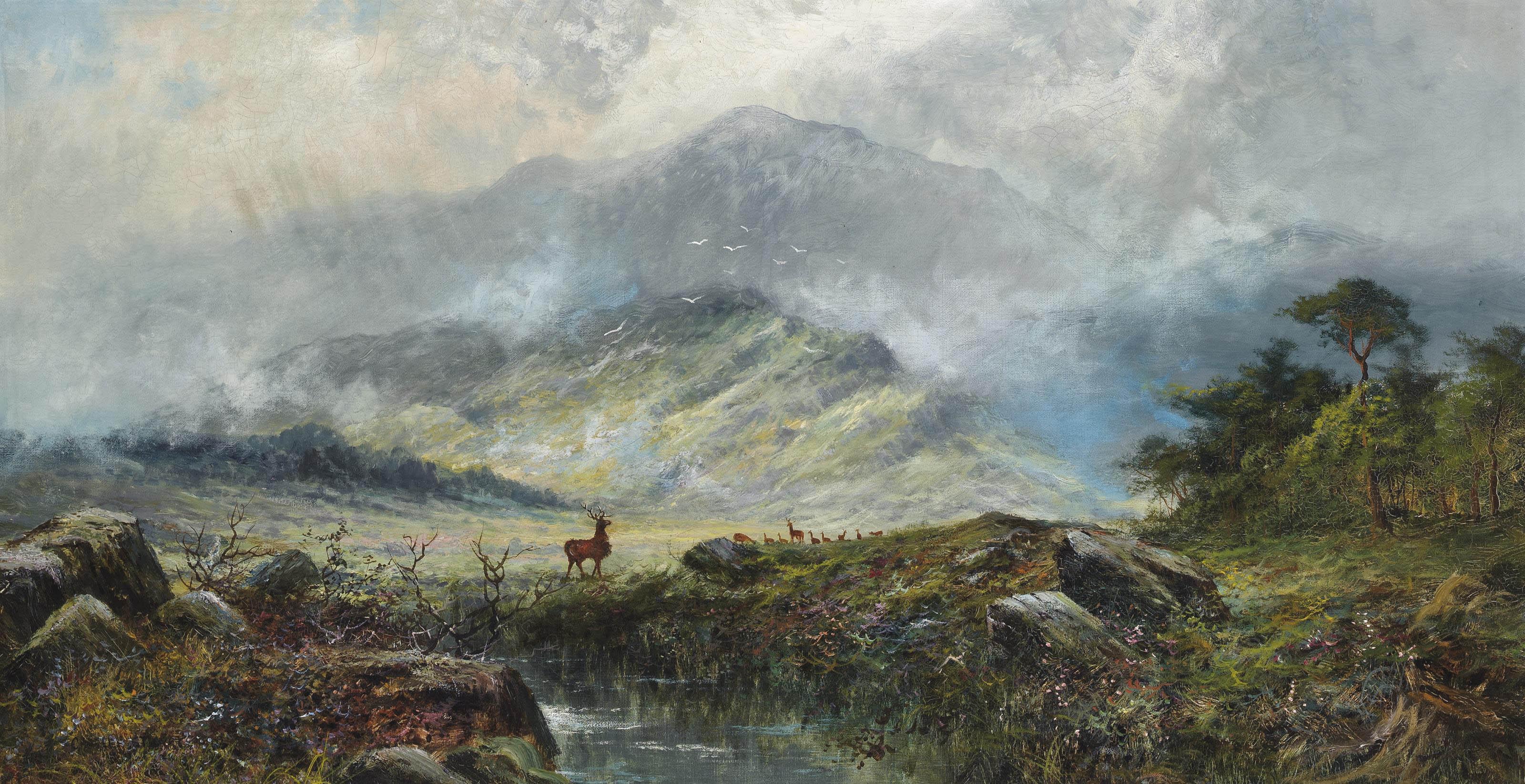Charles Stuart, F.S.A. - Stags in a misty highland landscape