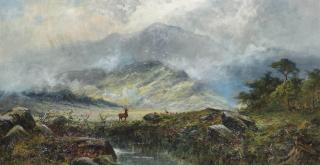Charles Stuart, F.S.A. - Stags in a misty highland landscape