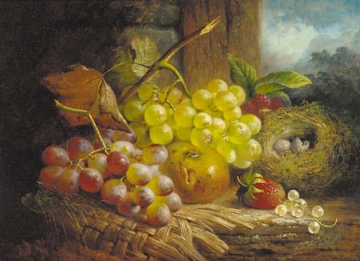 Charles Stuart - Grapes, Whitecurrants, Raspberries, A Strawberry, An Apple, And A Bird\'S Nest With Eggs, On A Wooden Ledge