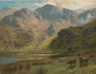 Charles Stuart - Highland landscape, with cattle and sheep before a loch
