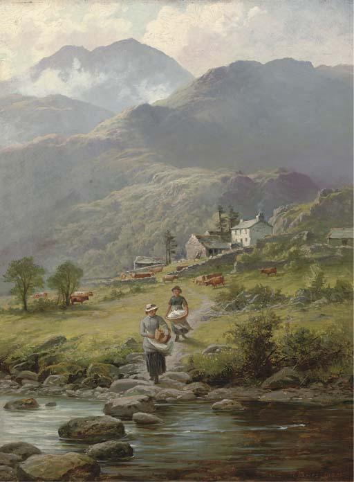 Charles Stuart - Washing Laundry In The River, A Mountainous Landscape And Farmstead Beyond