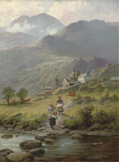 Charles Stuart - Washing Laundry In The River, A Mountainous Landscape And Farmstead Beyond