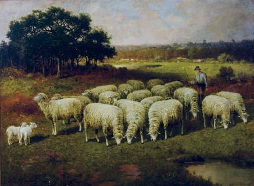 Charles T. Phelan - A shepherd with his sheep out in the field